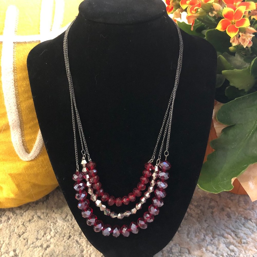 Boutique Necklace Ruby and Silver Beaded Three Strand Layered 19 Inch